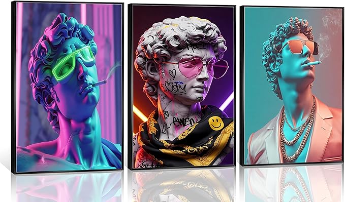 FJKLRP 3pcs Cyberpunk David Wall Art Neon Graffiti Canvas Prints poster Modern Pop Art Canvas Wall Decor for Living Room Gaming Room Bedroom Decoration Unframed