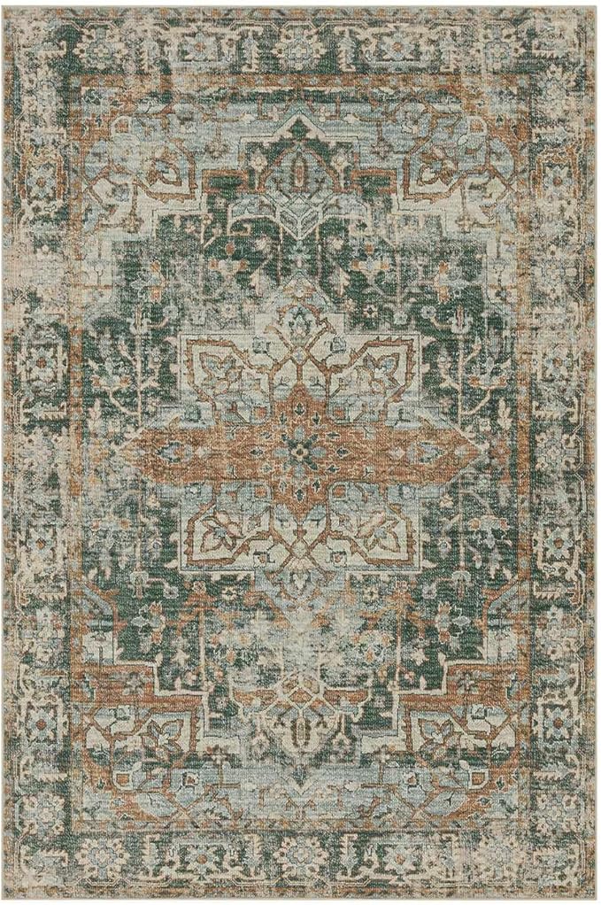 Rugxara 10x14 Area Rugs for Living Room Bedroom, Large Washable Rug, Green Vintage Retro Boho Rug, Non Slip & Low Pile Faux Wool Thin Carpet for Indoor Dining Room and Kids Room(Green/Brown 10x14ft)