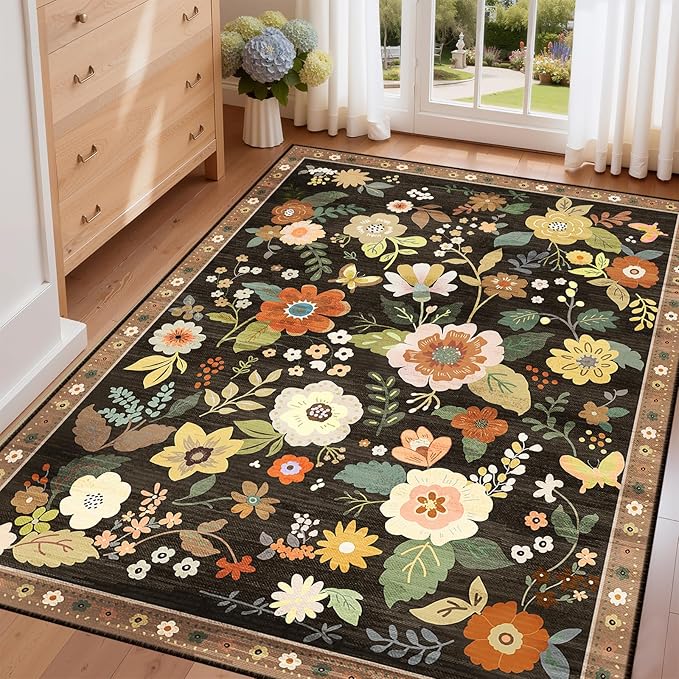 RELEANY Floral Nursery 3x5 Area Rugs Washable Print Boho Cute Carpet Non Slip Flower Low Pile for Living Room Kids Girls Playroom Bedroom Kitchen Office Farmhouse-Black/Yellow/Red