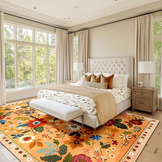 RELEANY Floral Nursery 9x12 Area Rugs Washable Print Boho Cute Carpet Non Slip Flower Low Pile for Living Room Kids Girls Playroom Bedroom Kitchen Office Farmhouse-Yellow/Orange