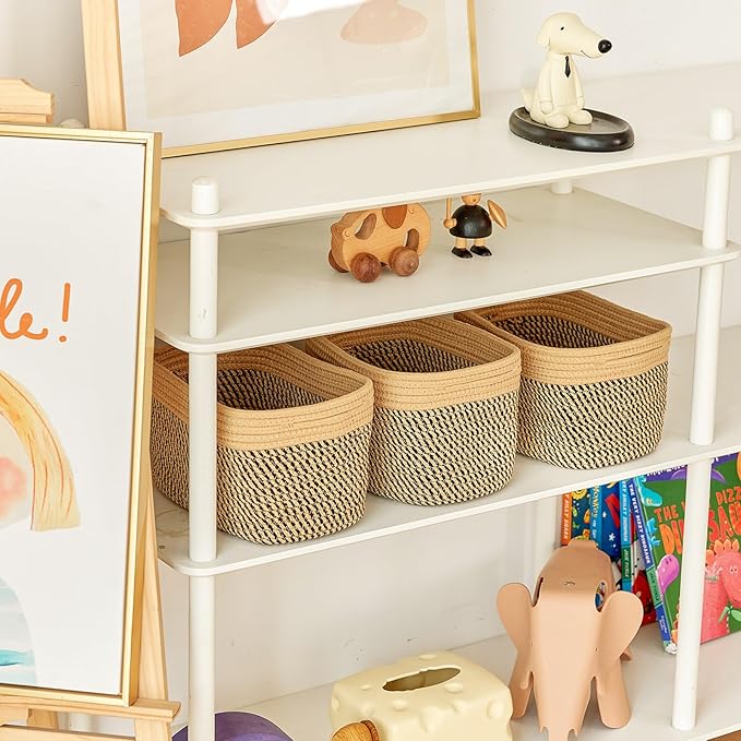 R RUNKA Small Cotton Rope Basket – Storage Bin for Organizing (10.6" x 6.7" x 6.7"), Bathroom Storage Basket for Shelf, Counter & Closet（Camel & Mixed Black）