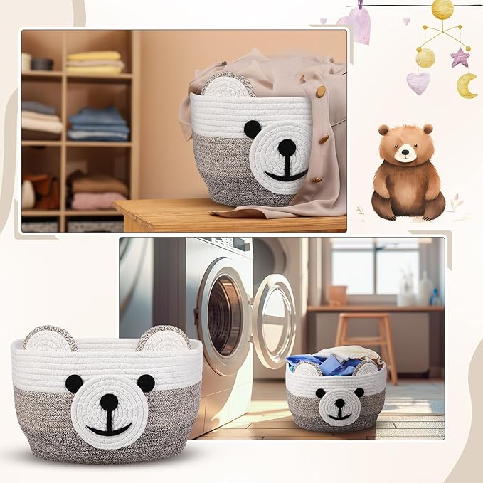 Zopeal Easter Bear Basket 13" D x 9.5" H for Nursery Cotton Rope Woven Bear Gift Empty Storage Basket with Handles Animal Hamper for Baby Shower Laundry Bathroom Home Decorative