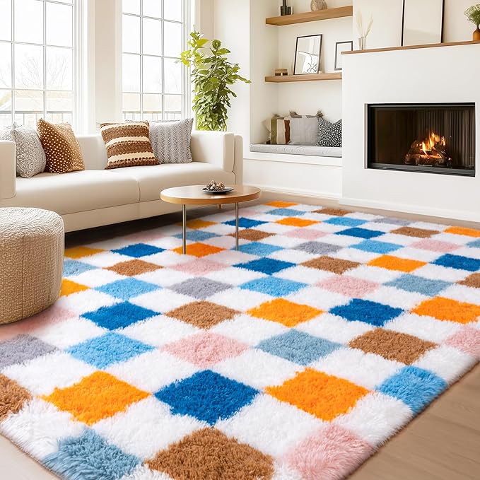 Checkered Rugs for Living Room Bedroom, 5x7 Area Rugs for Living Room, Modern Shaggy Carpets Fuzzy Rug for Boys Girls Dorm Nursery Home Decor Aesthetic, Upgrade Non-Slip Durable, Colorful