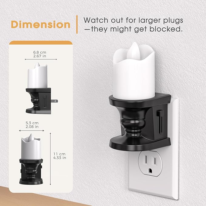 Flameless Candle Night Light, 3000K Warm White Candle Night Lights Plug into Wall, 2 Pack Nightlight with Light Sensor, 0-100LM Dimmable LED Night Light Plug in, Nightlight for Hallway Bathroom