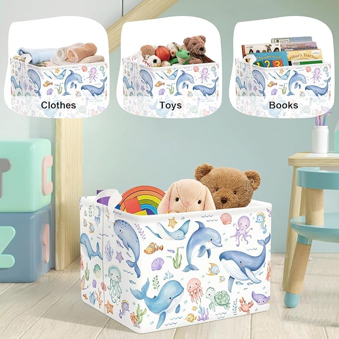 Sea Animals Laundry Hamper Ocean Fish Coral Large Storage Basket Parents Organizer Kids Clothes Toy Bins for Bedroom, Bathroom, Blue Whales, 36L