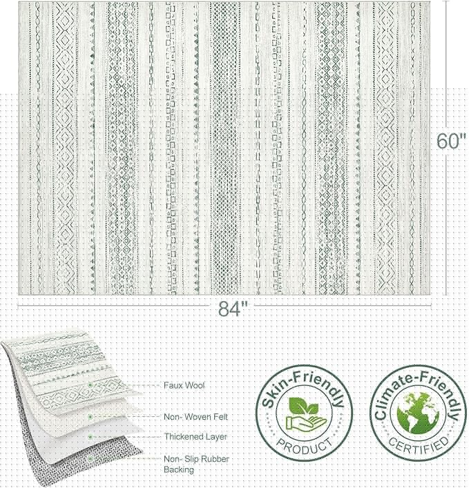 Nakagishi Green Rug Living Room 5x7: Washable Boho Large Neutral Farmhouse Soft Area Rugs Modern Stain Resistant Moroccan Indoor Non Slip Floor Carpet for Bedroom Nursery Kids Playroom Office