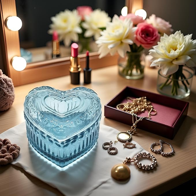 Glass Jewelry Box Heart Shape Cute Box for Storage Ring Earring Trinket Vintage Jewelry Organizer Decorative Gift for Women Girls-GRB003-Dark Blue