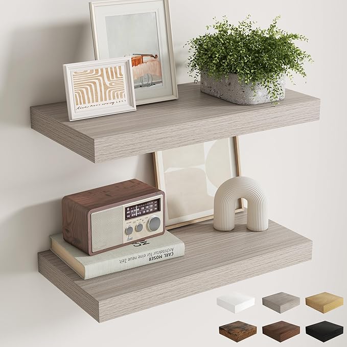 12 Inch Deep Floating Shelves for Wall, 24 x 12 Rustic Wood Grain Bathroom Shelves with Invisible Brackets, Easy Install Wood Storage Shelves for Kitchen, Living Room, Bedroom, Grey, Set of 2