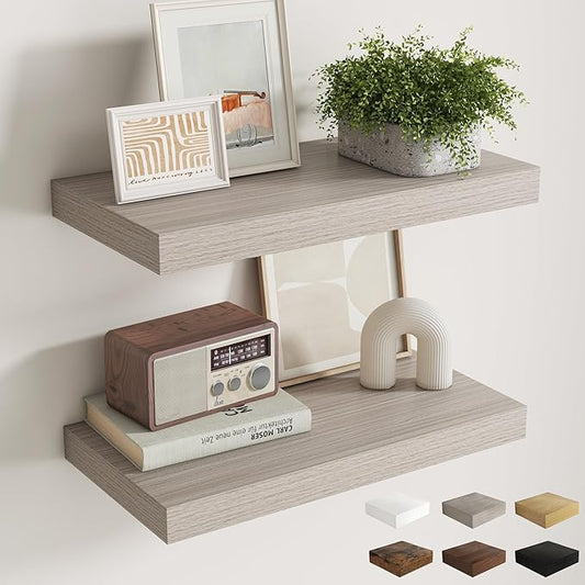 12 Inch Deep Floating Shelves for Wall, 24 x 12 Rustic Wood Grain Bathroom Shelves with Invisible Brackets, Easy Install Wood Storage Shelves for Kitchen, Living Room, Bedroom, Grey, Set of 2