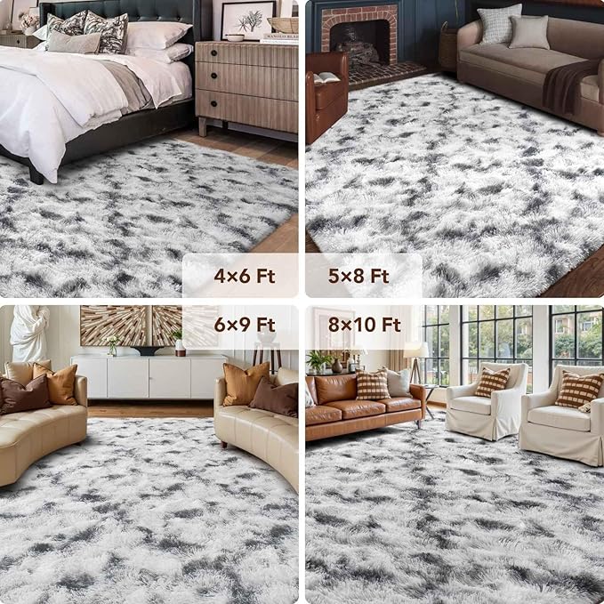 FinRèc 8x10 Rugs for Living Room Bedroom, Black and White Fluffy Shaggy Area Rug, Non-Slip Soft Shag Rug for Nursery Kids Room Dorm Room Home Decor, Indoor Plush Floor Carpet