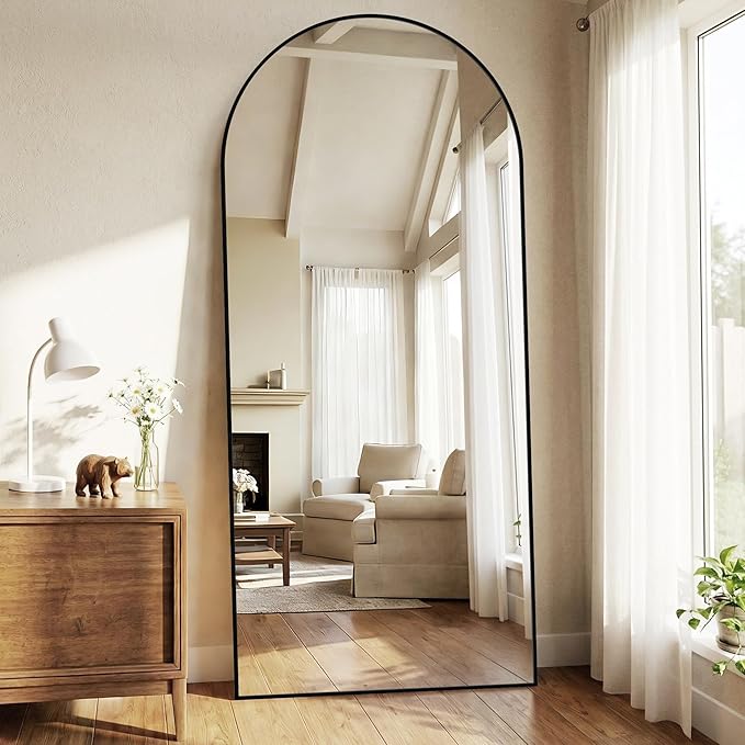 76"x34" Arched Full Length Mirror with Stand, Free Standing Leaning Wall Mounted Aluminum Alloy Frame Mirror for Bedroom Living Room Cloakroom, Black
