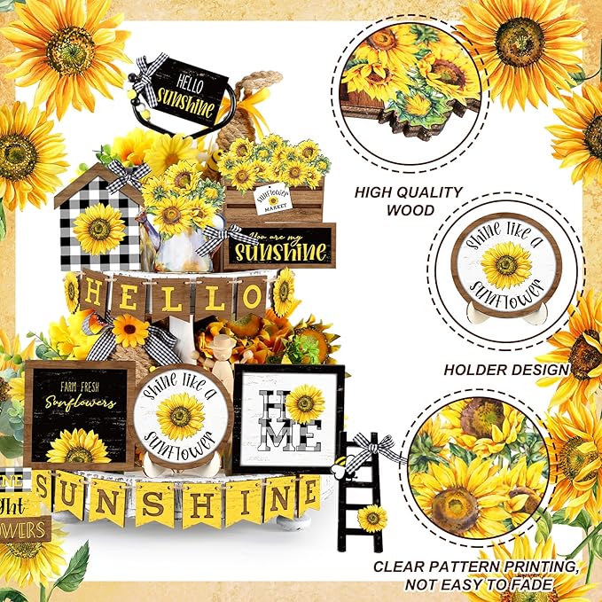 Bucherry 24 Pcs Sunflower Tiered Tray Decor Spring Decorations for Home Farmhouse Decorative Trays Wooden Sign Table Centerpieces for Home Kitchen Shelf Supplies