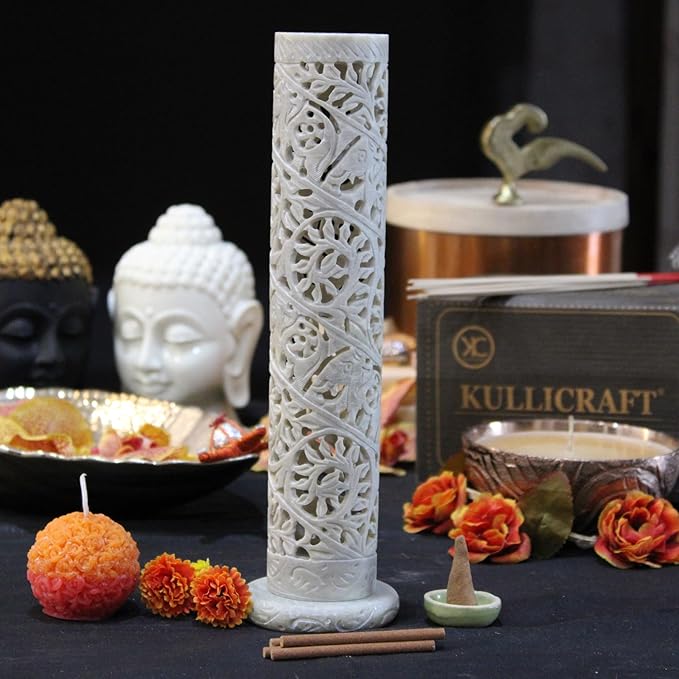 Carry Me Marble Soapstone Incense Stick Holder | Candle Burner | Tea Light Holder - Perfect Handmade Elephant Carving for Gifting. Decorative Home and Office Decor.(3 x 3 x 10.5 Inches)