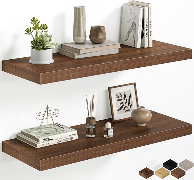 12 Inch Deep Floating Shelves, 32W x 12D Floating Shelf for Books, Rustic Wood Deep Wall Shelves for Home Storage & Display, 1.5" Thicked Shelves for Kitchen, Living Room, Bedroom, Walnut, 2 Pack