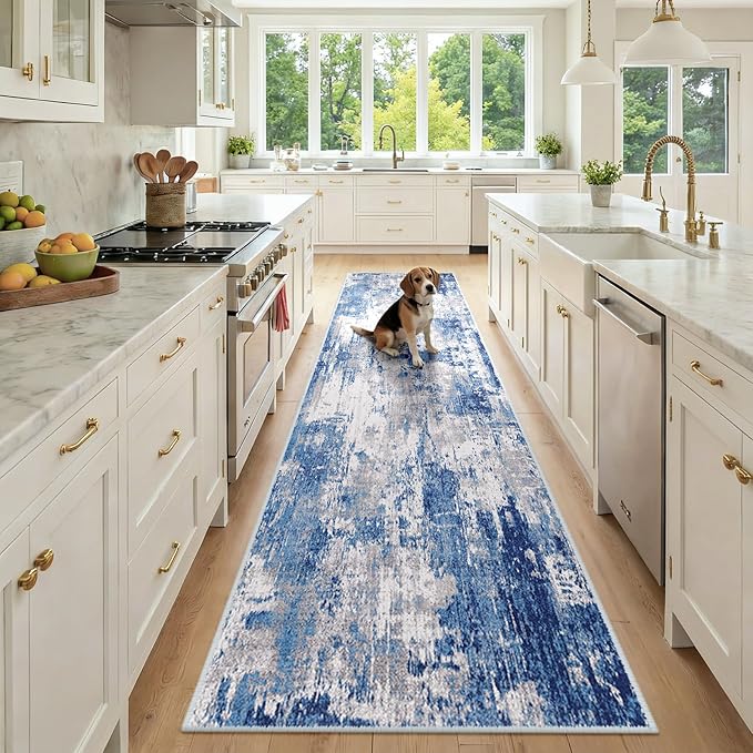RELEANY Washable Area Rugs 2'6"x10 Non-Slip Modern Abstract Soft for Living Room Entryway Bedroom Nursery, Print Pattern, Blue Grey Navy Gray