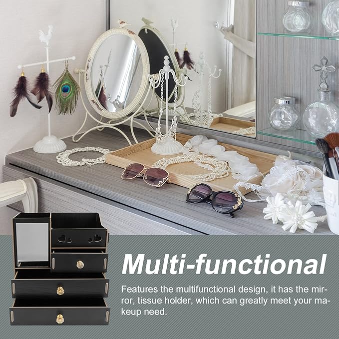 Cabilock Wooden Desk Cosmetic Organizer Rustic Makeup Storage Box with Drawer Mirror Countertop Makeup Case for Stationery Office Bathroom Dressing Table Black