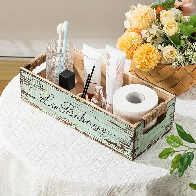 TIMRIS Farmhouse Distressed Wooden Storage Box, Rustic Bathroom Decor Box, Decorative Toilet Tank Basket, Vintage Countertop Organizer Box with Handles (Distressed Green)