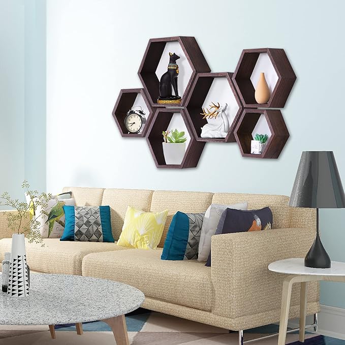 PHOENANCEE Hexagon Floating Shelves,Honeycomb Shelf Set of 3,Wood Farmhouse Hexagonal Decor Wall Storage for Living Room Bedroom Kitchen Office(Walnut)