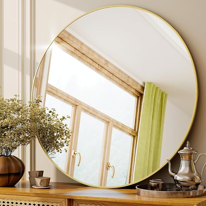 GLSLAND Circle Mirror for Wall 20 inch - Round Mirrors for Bathroom, Entryway, Living Room, Hallway Wall Decor Small Frame Mirror,Gold