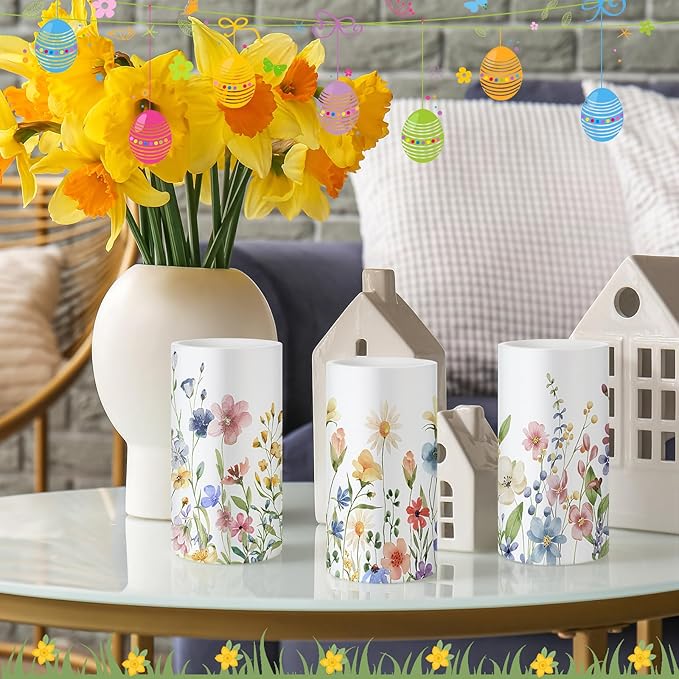 Retisee 3 Pcs Spring Wildflower Flameless Candles Spring Floral Battery Operated Flickering LED Candles with Remote Floral Gifts Decoration for Easter Wedding Table Centerpieces Home Living Room Decor