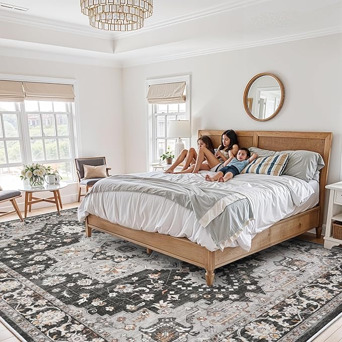 Washable Oriental Area Rug - 9x12 Rugs for Living Room Soft Carpet for Bedroom Waterproof Floral Distressed Indoor Stain Resistant Non-Shedding Floor Carpets (Black, 9x12)