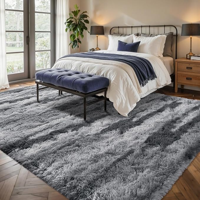 5x7 Ft Large Shag Rug for Living Room Bedroom,Tie-Dyed Ultra Soft Fluffy Furry Area Rug, Aesthetic Grey Carpet for Indoor Floor Home Decor