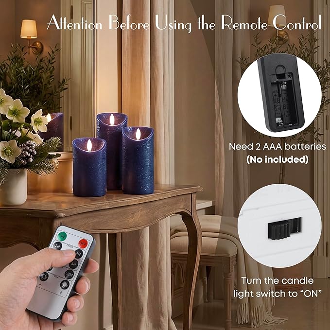Elyrae Navy Blue Flameless Candles with Remote and Timer, Real Wax Made LED Pillar Candles Battery Operated with 3D Flickering Flame, 3" x 4",5",6", Navy Blue Decor, Set of 3