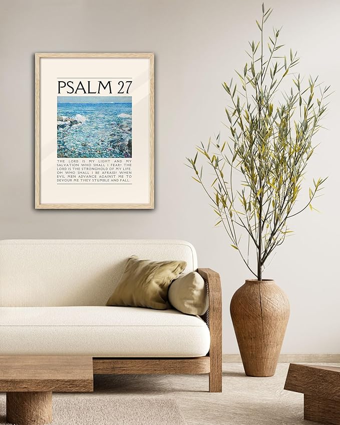 EcoHest OAK Wood Jesus Framed Wall Art, 12x16in Psalm 27 Bible Verse Christian Wall Art, Modern Faith Religious Bedroom Decor For Living Room Bathroom Christian Merch Gift 1Pack