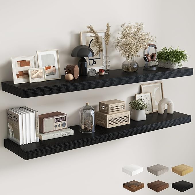 Fun Memories 12 Inch Deep Floating Shelves, 67 Inch Long Extra Large Floating Shelves for Home & Office, Wall Shelves with Invisible Bracket, Black, Set of 2