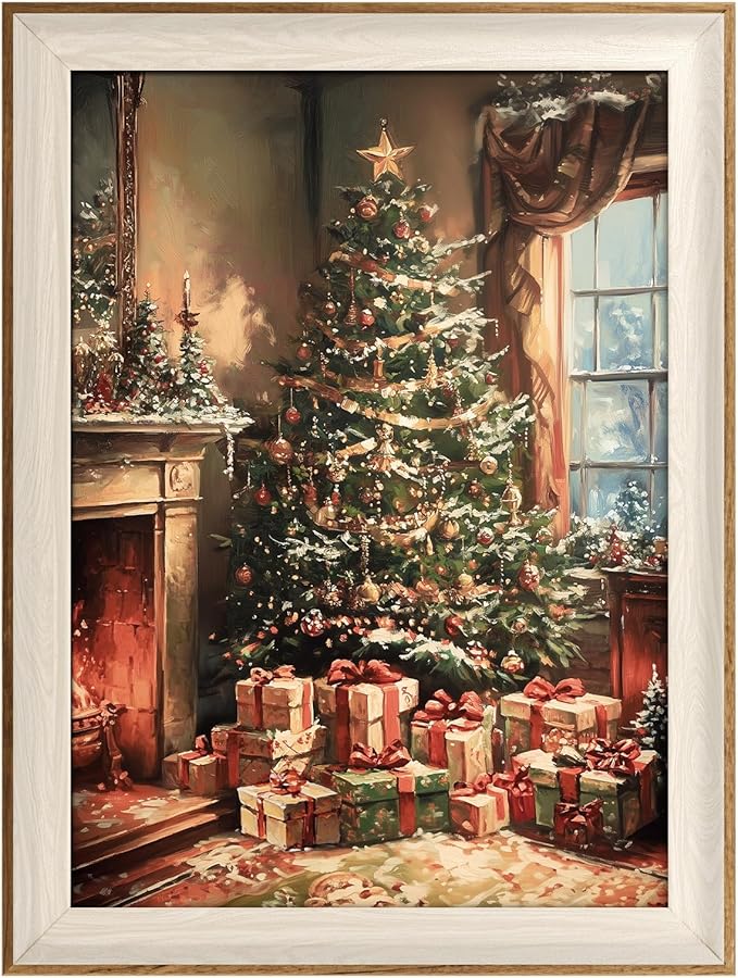 VIYYIEA Winter Framed Wall Art for Living Room, Christmas Tree Canvas Prints, Oil Painting Home Decor, Christmas Picture, Bathroom Wall Decor Gifts for Friends or Family - 16L x 12W
