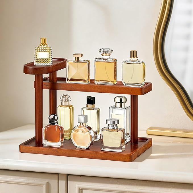 HBlife Cologne Organizer for Men, 12.5 Inch Cologne Stand for Men, Wooden Perfume Rack Display Shelf, 3-Tier Perfume Stand Organizer for Bedroom, Bathroom and Vanity, Ideal for Makeup Storage, Brown