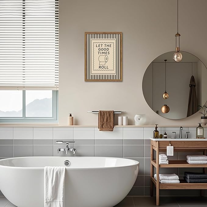 Framed Funny Bathroom Wall Art, Let The Good Times Roll Canvas Wall Decor Painting, Humorous Toilet Quote Artwork Poster Print Picture for Modern Farmhouse Bathroom Decor 12x16 Inch