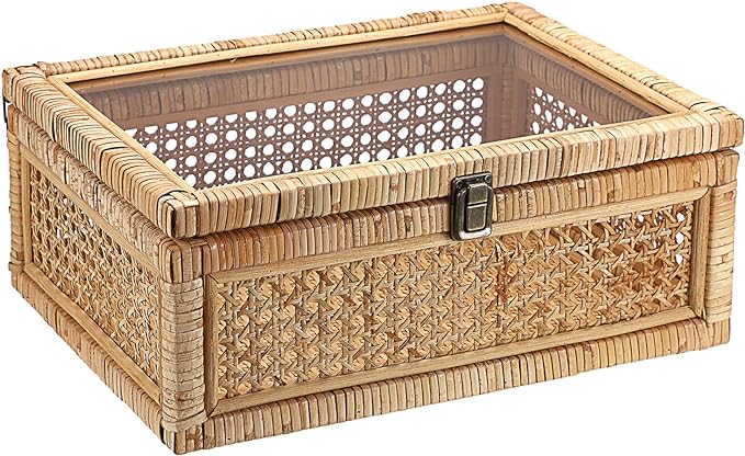 Hipiwe Vintage Decorative Box with Clear Lid Rattan and Wood Display Boxes Handcrafted Shelf Basket Bin Large Wicker Storage Basket Rectangular keepsakes Box for Bathroom Home Decor, 14x10x5.7 inch