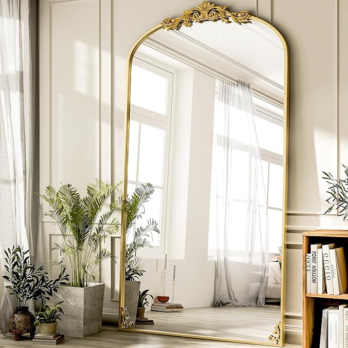 GLSLAND Oversized Vintage Mirror - 72"x 44" Full Length Mirror Large Carved Arched Mirrors with Metal Frame Baroque Full Body for Bathroom/Living Room/Entryway,Gold