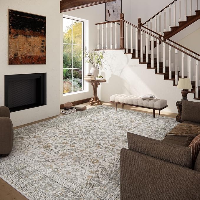 10x12 Large Rugs for Living Room: Washable Rug Stain Resistant Non Slip Distressed Vintage Rug Low Pile Faux Wool Soft Carpet for Bedroom Farmhouse Dining Room Kids Playroom Nursery