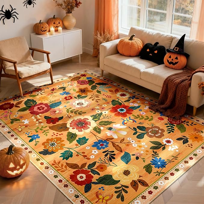 RELEANY Floral Nursery 3x5 Area Rugs Washable Print Boho Cute Carpet Non Slip Flower Low Pile for Living Room Kids Girls Playroom Bedroom Kitchen Office Farmhouse-Yellow/Orange