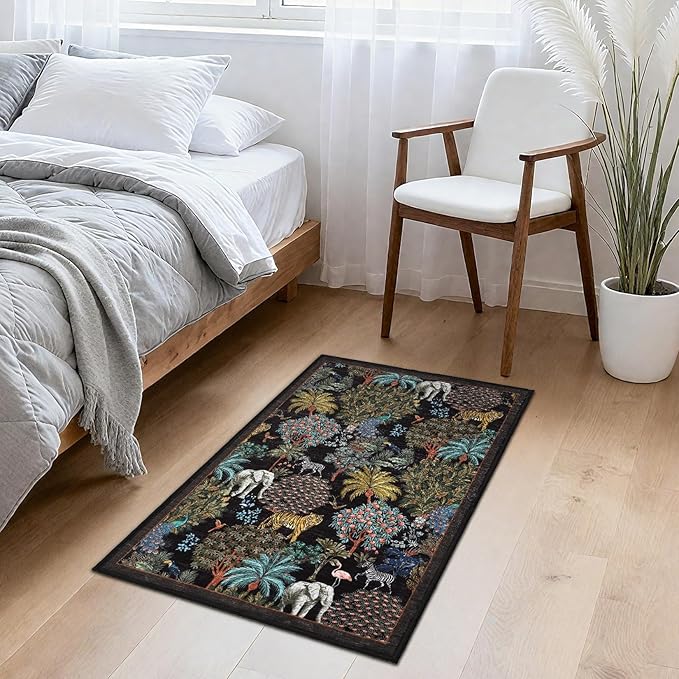 GarveeHome Jungle Rug 2x3 Animal Print Rugs Non Slip Washable Front Door Rug for Entryway, Indoor Kitchen Rugs Low-Pile Small Door Mat Forest Carpet for Bedroom Home Décor, Black