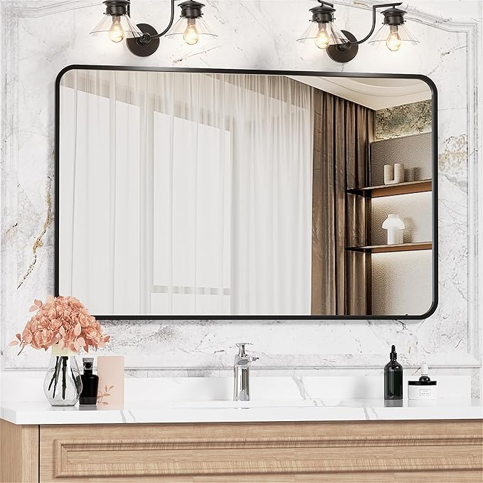 Antok Bathroom Mirror, 48"x30" Wall Mirror, Decorative Mirrors Vanity Mirror Aluminum Alloy Frame Contemporary Rectangular Hanging Mirror for Living Room Bathroom Entryway,Black,Round Corner