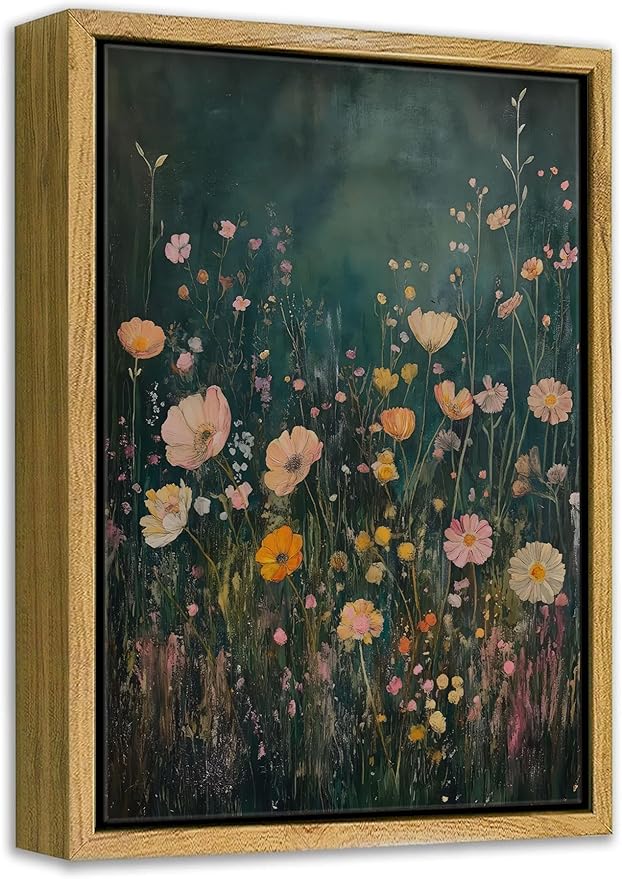Framed Dark Moody Wildflower Wall Art Vintage Botanical Wildflower Field Floral Poster Print Nature Landscape Aesthetic Picture Wall Decor for Bedroom Living Room Home Decoration 12x16in