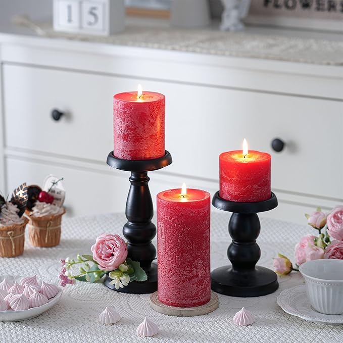 3x4 Inch Bright Red Pillar Candles Set of 3 - Hand-Poured Unscented Candles, Long Clean Burning, Large Big Candle, Smokeless Dripless Candle for Dinner Table, Wedding, Home, Rustic Decor