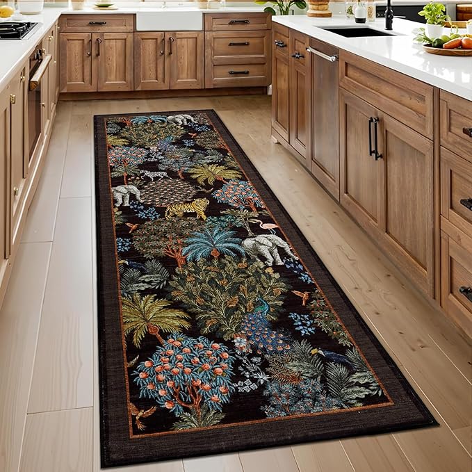 GarveeHome Jungle Rug 2.5x8 Kitchen Runner Rug Non Slip Washable Runners for Hallways, Animal Print Runner Rugs with Rubber Backing Soft Low-Pile Forest Long Carpet for Bedroom Entryway Laundry, Black