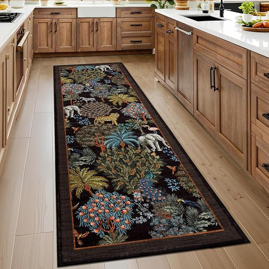 GarveeHome Jungle Rug 2.5x8 Kitchen Runner Rug Non Slip Washable Runners for Hallways, Animal Print Runner Rugs with Rubber Backing Soft Low-Pile Forest Long Carpet for Bedroom Entryway Laundry, Black