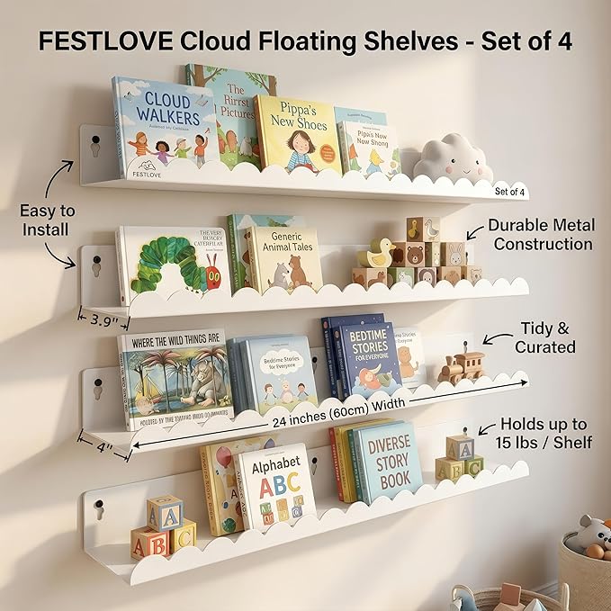 24 Inch Nursery Book Shelves Set of 4, White Metal Floating Shelves for Wall, Scalloped Cloud Book Shelf for Kids Room, Bathroom, Bedroom, Playroom Wall Decor & Storage