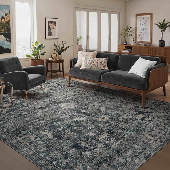 Rugxara 6x9 Area Rugs for Living Room Bedroom, Large Washable Rug, Blue Vintage Floral Boho Style, Non Slip & Low Pile Carpet for Indoor Dining Room, Dorm and Kids Room(Blue 6x9ft)