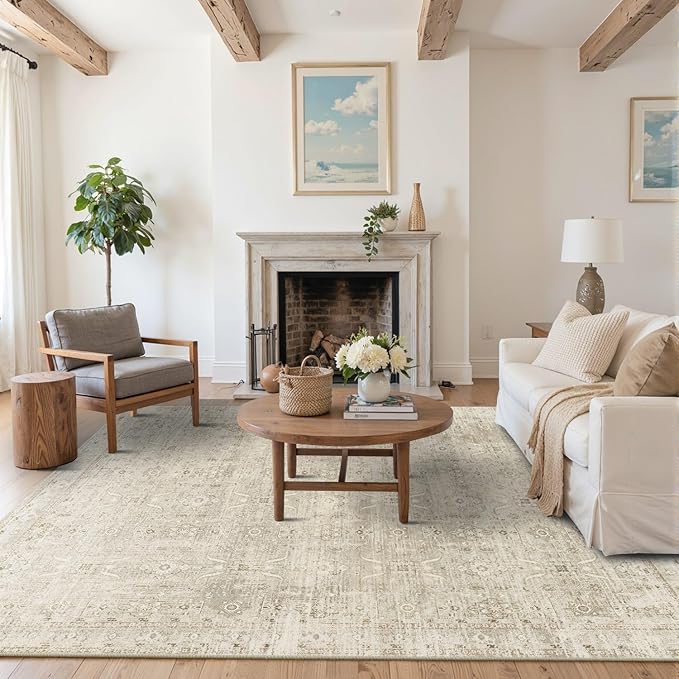 Rugxara 5x7 Area Rugs for Living Room Bedroom, Beige Washable Neutral Rug, Vintage Floral Retro Boho Non Slip & Low Pile Carpet for Dining Room, Classroom, Dorm, Nursery and Kids Room-Beige/Cream