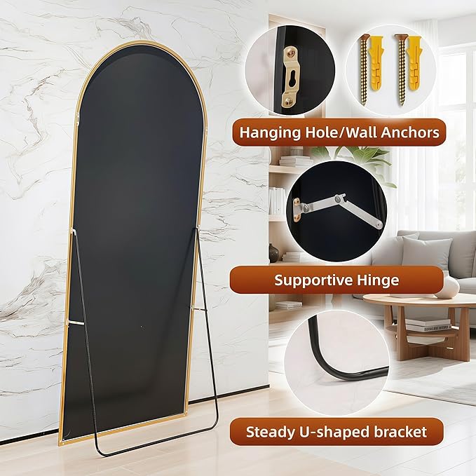 56"x21"Full Length Mirror,Arched Floor Mirrors with Aluminum Alloy Frame,Wall Mountable Tempered Glass Full Body Mirror for Wall Entryway Door Bedroom Bathroom Living Room,Gold