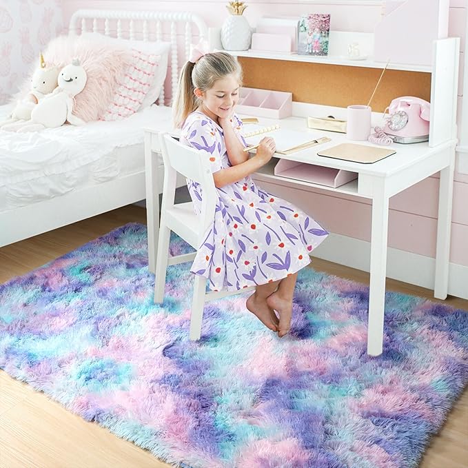 Amdrebio Blue Purple Rainbow Rugs for Bedroom Girls Room Decor, 5x7 Fluffy Cute Area Rugs for Kids Room Playroom Nursery Dorm, Mermaid Stitch Frozen Fuzzy Carpet, Plush Kawaii Furry Baby Toddler Rug