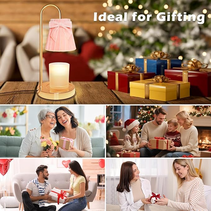 Crystal Club Candle Warmer Lamp with Timer, Dimmable Wax Warmer with Adjustable Brightness, Velvet Lampshade & Bow Design, Gifts for Women Men, Candle Light for Modern Home Decor