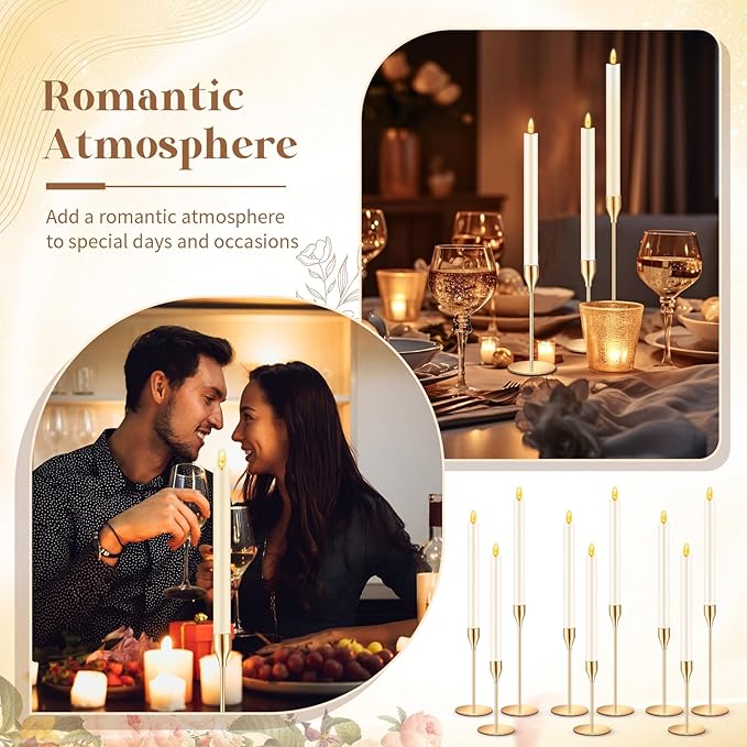 FillTouch 30 Pcs Gold Candlestick Holders with Flameless LED Candles Bulk Includes 15 Metal Candle Holders 15 Ivory Battery Operated Taper Candles for Wedding Valentines Table Centerpieces Home Decor