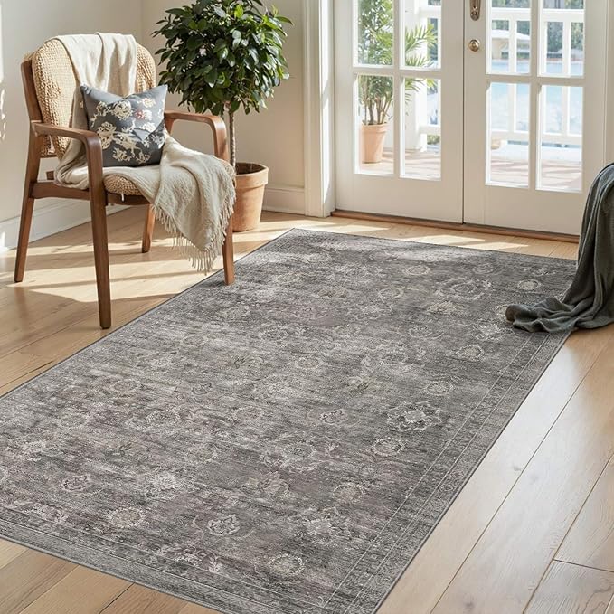 Rugxara 3x5 Rug for Entryway Bedroom, Grey 3x5 Washable Area Rug, Vintage Retro Boho Throw Rug, Non Slip & Low Pile Small Carpet for Indoor Kitchen, Bedside, Living Room, Bathroom and Dining